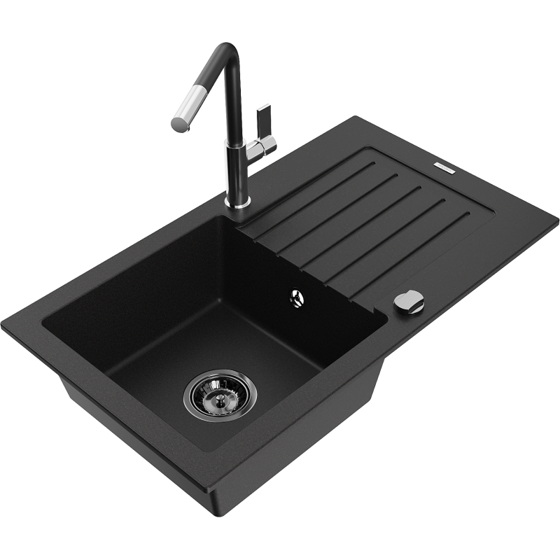 Mexen Pablo granitizlietne ar vienu nodalījumu un noteces virsmu, un virtuves jaucējkrāns Flora, melns - 6510-77-670401-07-B