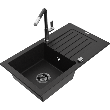 Mexen Pablo Lavello da cucina in granito a 1 vasca con scolapiatti e rubinetto cucina Flora, nero - 6510-77-670401-07-B