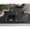 Mexen Pablo Granit-Spüle 1-Becken mit Abtropffläche und Küchenarmatur Flora, schwarz - 6510-77-670401-57-G