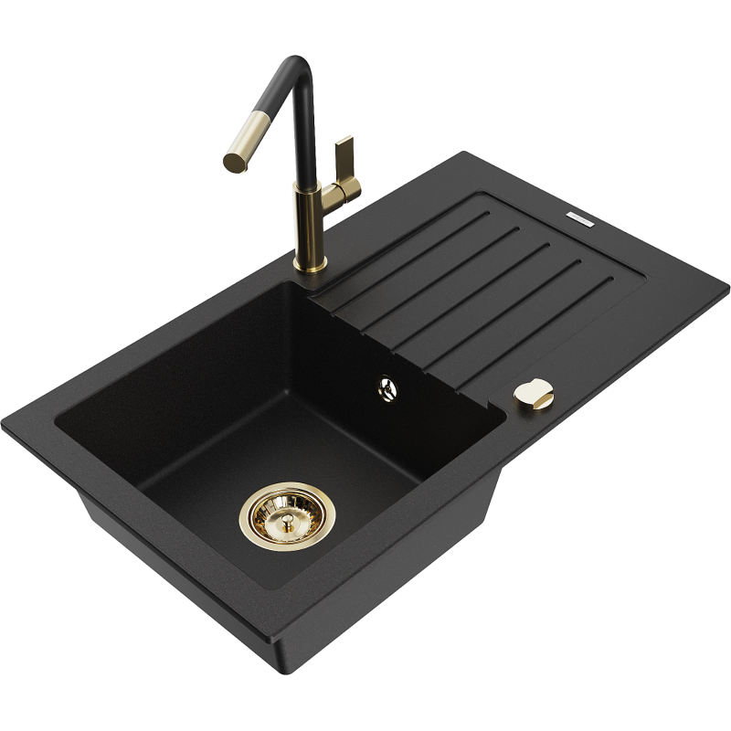 Mexen Pablo granitdiskbänk med en ho, avställningsyta och köksblandare Flora, svart - 6510-77-670401-57-G