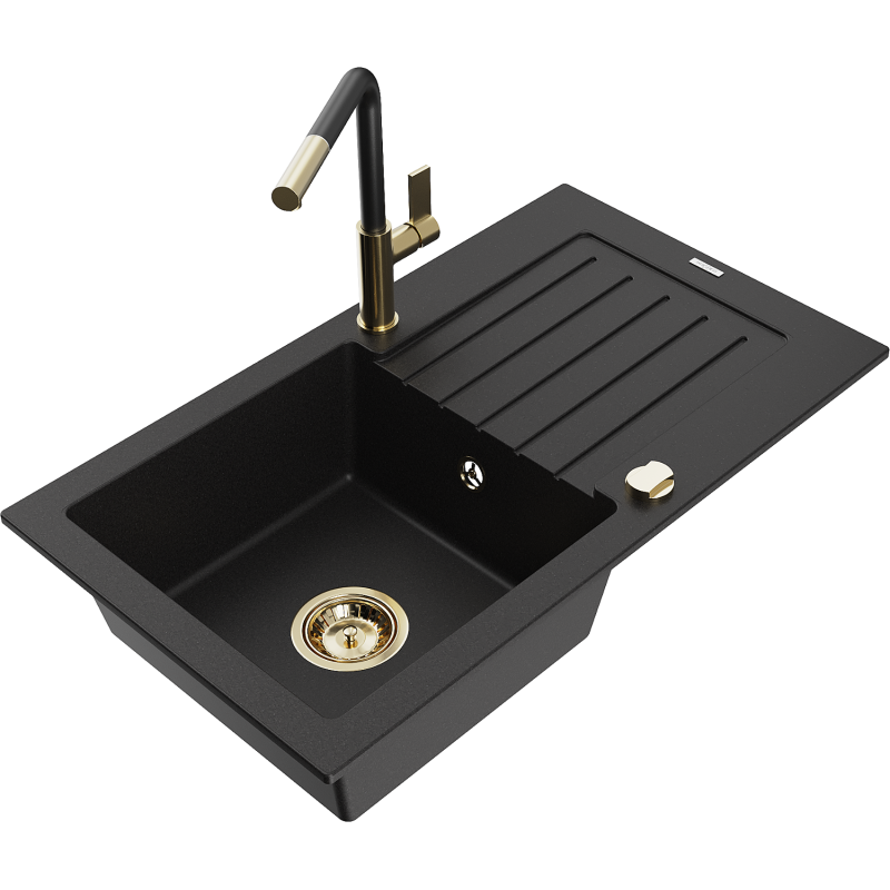 Mexen Pablo granite sink, 1-bowl with drainer and Flora kitchen tap, black - 6510-77-670401-57-G
