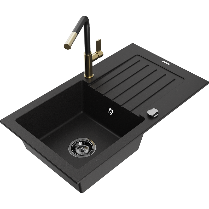 Mexen Pablo fregadero de granito de 1 seno con escurridor y grifo de cocina Flora, negro - 6510-77-670401-57-B