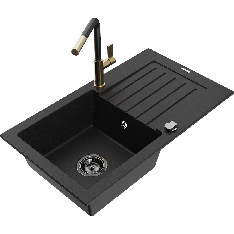 Mexen Pablo granite sink 1-bowl with drainer and Flora kitchen tap, black - 6510-77-670401-57-B