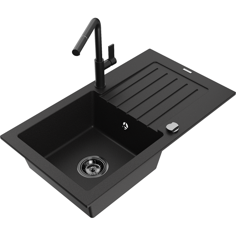 Mexen Pablo granite kitchen sink with one bowl, drainer, and Flora kitchen tap, black - 6510-77-670401-70-B