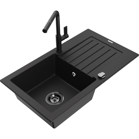 Mexen Pablo fregadero de granito de 1 cubeta con escurridor y grifo de cocina Flora, negro - 6510-77-670401-70-B