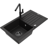 Mexen Pablo granite kitchen sink with one bowl, drainer, and Flora kitchen tap, black - 6510-77-670401-70-B