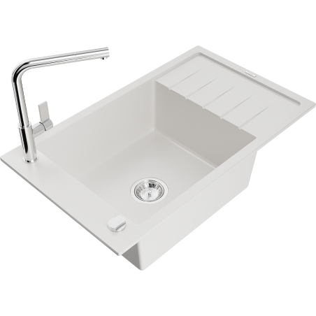 Mexen Elias fregadero de granito de 1 seno con escurridor y grifo de cocina Flora, blanco - 6511-20-670401-00