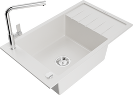 Mexen Elias granite sink 1-bowl with drainer and Flora kitchen tap, white - 6511-20-670401-00