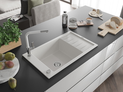 Mexen Elias 1-bowl granite sink with drip and Flora kitchen tap, white - 6511-20-670401-02