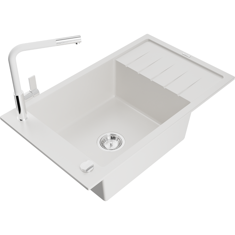 Mexen Elias fregadero de granito de 1 seno con escurridor y grifo de cocina Flora, blanco - 6511-20-670401-02