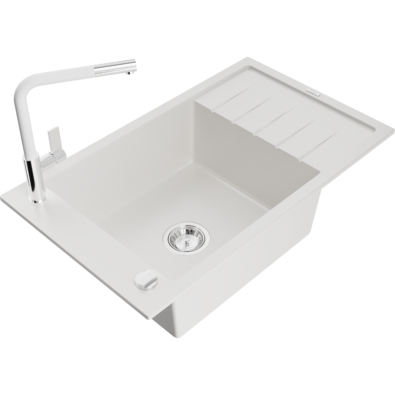 Mexen Elias graniittinen 1-altaainen keittiöallas, jossa on valutustaso ja Flora-keittiöhana, valkoinen - 6511-20-670401-02