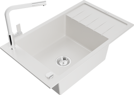 Mexen Elias fregadero de granito de 1 seno con escurridor y grifo de cocina Flora, blanco - 6511-20-670401-02