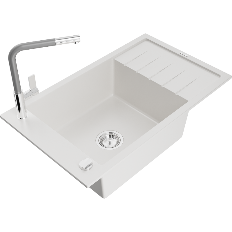 Mexen Elias fregadero de granito de 1 cubeta con escurridor y grifo de cocina Flora, blanco - 6511-20-670401-06