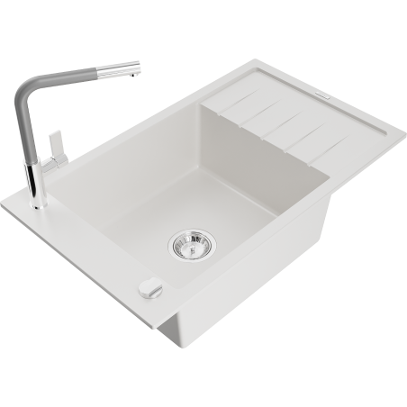 Mexen Elias fregadero de granito de 1 cubeta con escurridor y grifo de cocina Flora, blanco - 6511-20-670401-06
