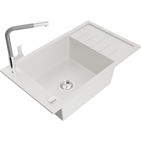 Mexen Elias fregadero de granito de 1 seno con escurridor y grifo de cocina Flora, blanco - 6511-20-670401-06