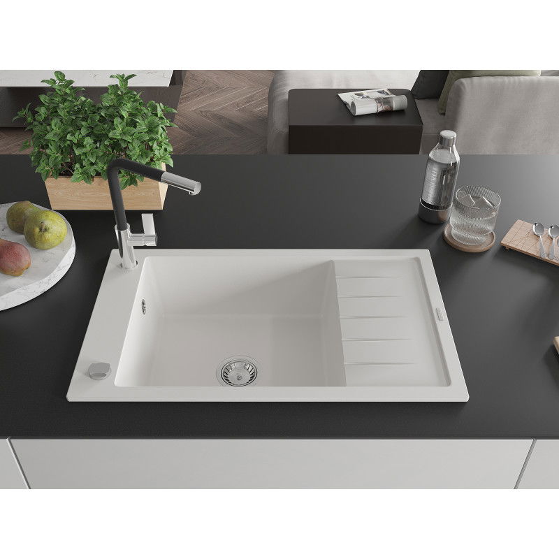 Mexen Elias granite sink 1-bowl with drainer and Flora kitchen tap, white - 6511-20-670401-07