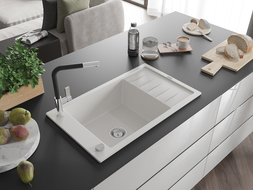 Mexen Elias granite sink 1-bowl with drainer and Flora kitchen tap, white - 6511-20-670401-07