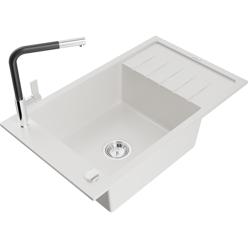 Mexen Elias fregadero de granito 1-cubeta con escurridor y grifo de cocina Flora, blanco - 6511-20-670401-07