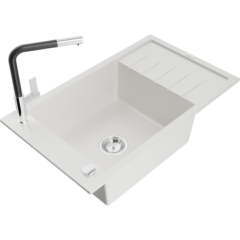 Mexen Elias fregadero de granito de 1 cubeta con escurridor y grifo de cocina Flora, blanco - 6511-20-670401-07