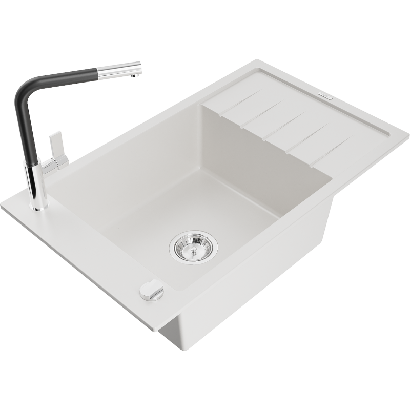 Mexen Elias granite sink 1-bowl with drainer and Flora kitchen tap, white - 6511-20-670401-07