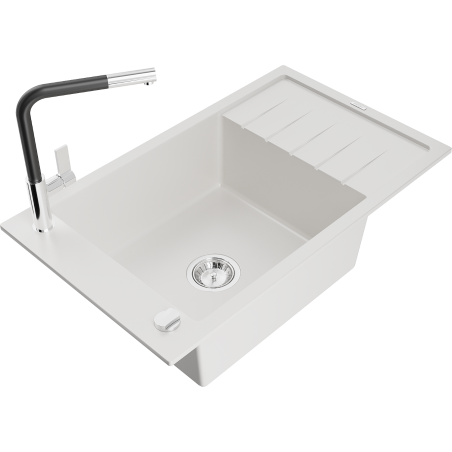 Mexen Elias granite sink 1-bowl with drainer and Flora kitchen tap, white - 6511-20-670401-07