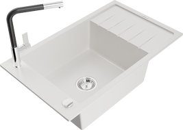 Mexen Elias 1-bowl granite sink with drainer and Flora kitchen faucet, white - 6511-20-670401-07