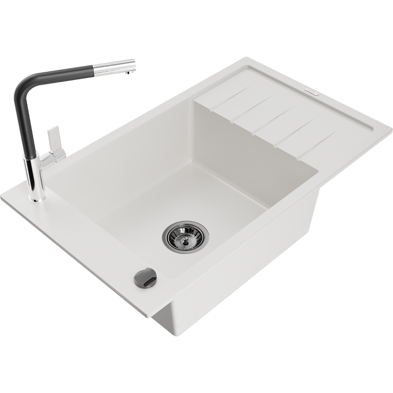 Mexen Elias Granit-Kichelenz-Set mat enger Spull a Krunn Flora, wäiss - 6511-20-670401-07-B