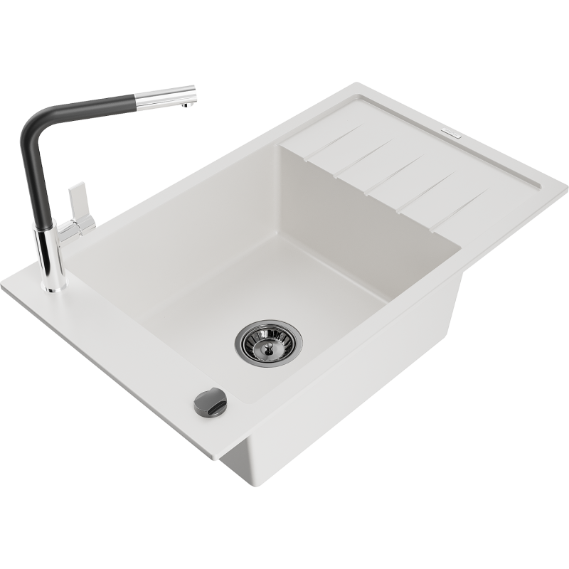 Mexen Elias lava-louça de granito 1-cuba com escorredor e torneira de cozinha Flora, branco - 6511-20-670401-07-B