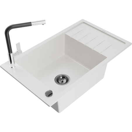 Mexen Elias Granitspüle 1-Becken mit Abtropffläche und Küchenarmatur Flora, weiß - 6511-20-670401-07-B