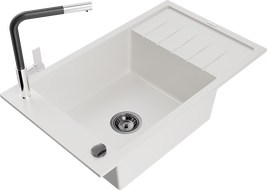 Mexen Elias 1-bowl granite sink with drainer and Flora kitchen tap, white - 6511-20-670401-07-B