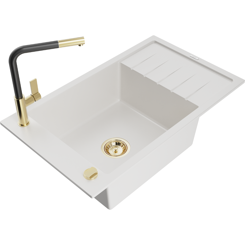 Mexen Elias 1-bowl granite sink with drainer and Flora kitchen tap, white - 6511-20-670401-57-G