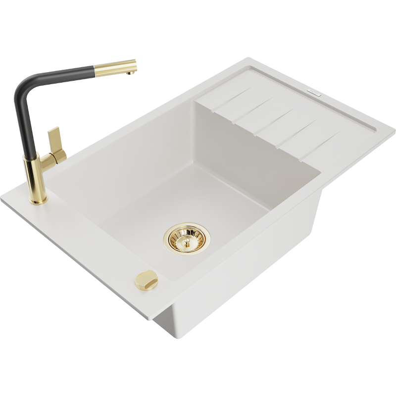 Mexen Elias fregadero de granito de 1 cubeta con escurridor y grifo de cocina Flora, blanco - 6511-20-670401-57-G