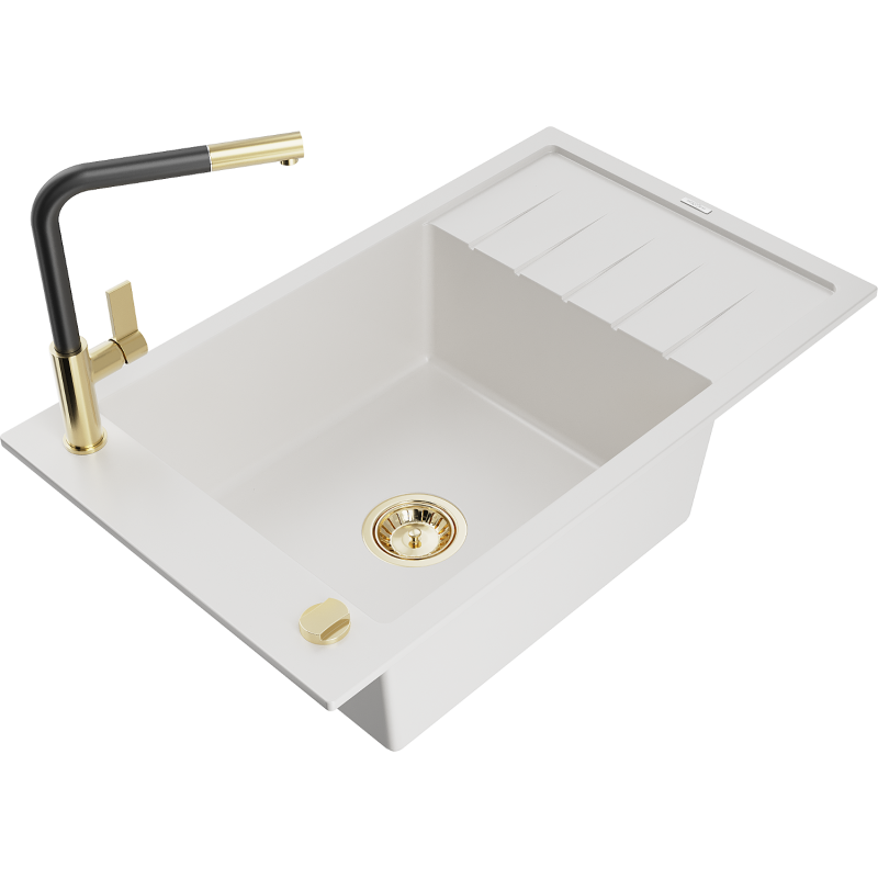 Mexen Elias graniittinen 1-osa pesuallas valutustasolla ja keittiöhanalla Flora, valkoinen - 6511-20-670401-57-G