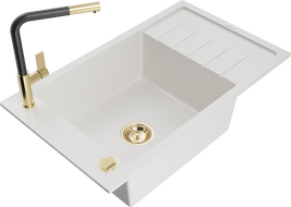 Mexen Elias granite sink 1-bowl with drainer and kitchen faucet Flora, white - 6511-20-670401-57-G