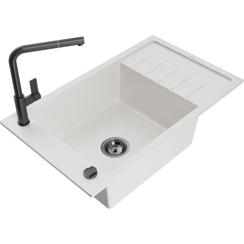 Mexen Elias fregadero de granito de 1 cámara con escurridor y grifo de cocina Flora, blanco - 6511-20-670401-70-B