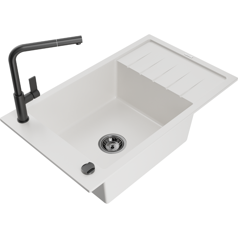 Mexen Elias fregadero de granito de 1 seno con escurridor y grifo de cocina Flora, blanco - 6511-20-670401-70-B