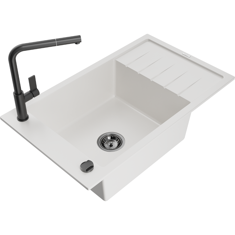 Mexen Elias lava-loiça de granito de 1 cuba com escorredor e torneira de cozinha Flora, branco - 6511-20-670401-70-B