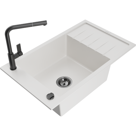 Mexen Elias fregadero de granito de 1 seno con escurridor y grifo de cocina Flora, blanco - 6511-20-670401-70-B