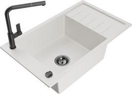 Mexen Elias granite sink 1-bowl with drainer and Flora kitchen tap, white - 6511-20-670401-70-B