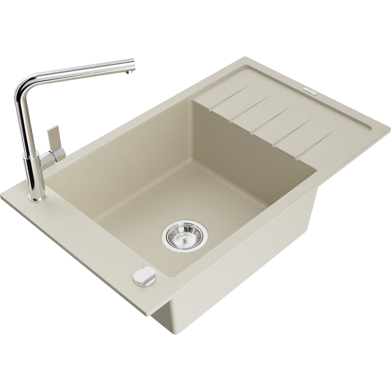 Mexen Elias fregadero de granito de 1 cubeta con escurridor y grifo de cocina Flora, beige - 6511-69-670401-00