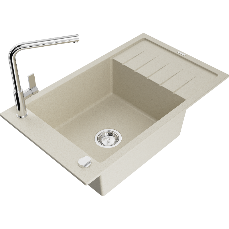 Mexen Elias lavello in granito 1-vasca con scolapiatti e rubinetto da cucina Flora, beige - 6511-69-670401-00