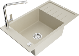 Mexen Elias Granit-Spüle 1-Becken mit Abtropffläche und Küchenarmatur Flora, beige - 6511-69-670401-00
