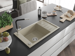 Mexen Elias Granitspüle 1-Becken mit Abtropffläche und Küchenarmatur Flora, beige - 6511-69-670401-07