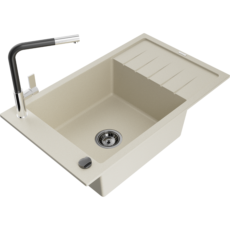 Mexen Elias granieten gootsteen 1-komper met afdruiprek en keukenmengkraan Flora, beige - 6511-69-670401-07