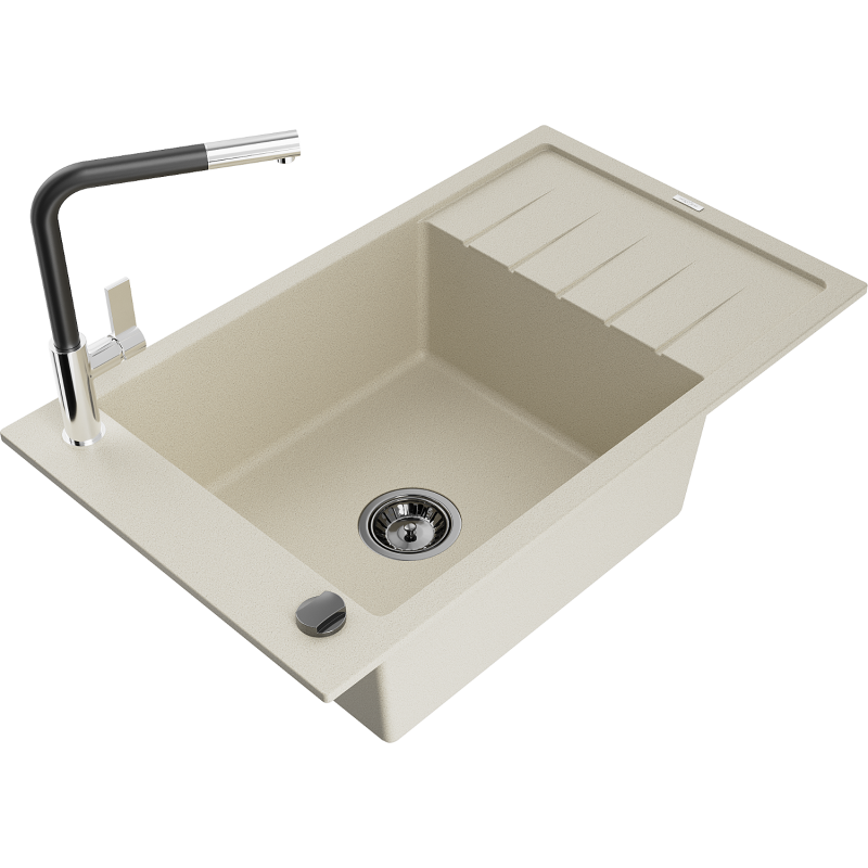 Mexen Elias Granitspüle 1-Becken mit Abtropffläche und Küchenarmatur Flora, beige - 6511-69-670401-07
