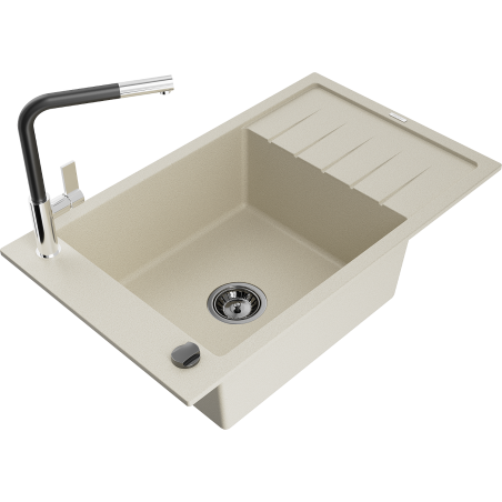 Mexen Elias Granitspüle 1-Becken mit Abtropffläche und Küchenarmatur Flora, beige - 6511-69-670401-07