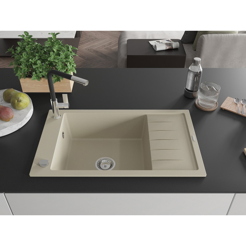 Mexen Elias granieten spoelbak 1-baks met afdruiprek en keukenkraan Flora, beige - 6511-69-670401-07