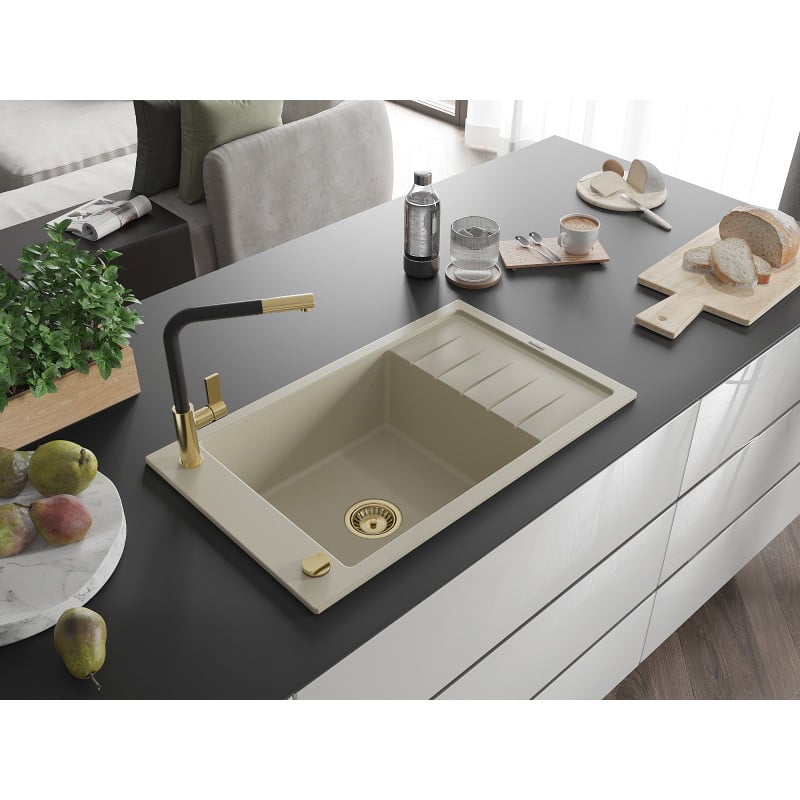 Mexen Elias fregadero de granito de 1 seno con escurridor y grifo de cocina Flora, beige - 6511-69-670401-57-G