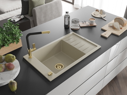 Mexen Elias évier en granit 1 cuve avec égouttoir et robinet de cuisine Flora, beige - 6511-69-670401-57-G