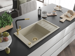 Mexen Elias Granitspüle 1-beckig mit Abtropffläche und Küchenarmatur Flora, beige - 6511-69-670401-57-G